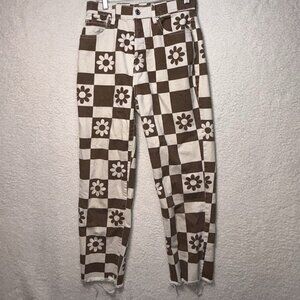 Pacsun Eco Flower Checkerboard High Waisted Straight Leg Jeans Frayed Hem Sz 26